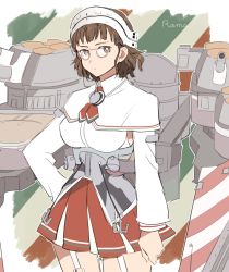 Rule 34 | 1girl, breasts, brown eyes, brown hair, capelet, detached sleeves, eyewear strap, garter straps, glasses, hand on own hip, hat, headdress, kantai collection, large breasts, machinery, manaka (gunjooou), pince-nez, red skirt, roma (kancolle), shirt, short hair, skirt, sleeveless, sleeveless shirt, solo, turret