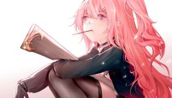 Rule 34 | 1girl, ambriel (arknights), arknights, black choker, black gloves, black jacket, black thighhighs, choker, closed mouth, food, gloves, gradient background, gun, hair ornament, hairclip, highres, jacket, long hair, long sleeves, looking up, mouth hold, pink eyes, pink hair, pocky, shotgun, side ponytail, sitting, solo, stepcacc, thighhighs, wavy hair, weapon, white background