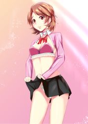 Rule 34 | 1girl, black skirt, blush, bokoboko, bow, bowtie, bra, breasts, brown hair, cleavage, clothes lift, earrings, frilled bra, frills, highres, jewelry, lifting own clothes, long sleeves, medium breasts, miniskirt, panties, persona, persona 3, pink background, pink bra, pleated skirt, red bow, red bowtie, red eyes, short hair, skirt, skirt lift, solo, standing, takeba yukari, underwear, white panties, wing collar