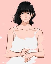 Rule 34 | 1girl, black eyes, black hair, camisole, collarbone, flat color, highres, looking at viewer, medium hair, miyoshi yoshimi, original, pink background, simple background, solo, upper body, white camisole
