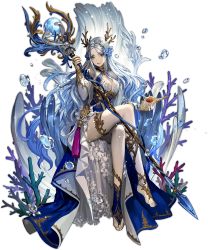Rule 34 | 1girl, ark order, artist request, blue dress, blue eyes, breasts, bridal gauntlets, character request, conch, coral, coral hair ornament, dress, gloves, gold trim, highres, holding, holding staff, invisible chair, looking at viewer, official art, orb, seashell, shell, shell hair ornament, silver hair, single thighhigh, sitting, solo, staff, tachi-e, tassel, thighhighs, transparent background, two-tone dress, water, white dress, white gloves
