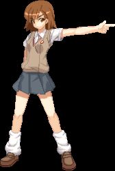 Rule 34 | 1girl, 6sec, bare arms, brown eyes, brown footwear, brown hair, brown sweater, brown sweater vest, brown vest, collared shirt, commentary request, emblem, full body, grey skirt, legs apart, loafers, loose socks, lowres, medium bangs, medium hair, miniskirt, misaka mikoto, outstretched arm, partial commentary, pixel art, pleated skirt, pointing, pointing to the side, school emblem, shirt, shoes, short sleeves, skirt, sleeveless, sleeveless sweater, socks, solo, standing, summer uniform, sweater, sweater vest, toaru majutsu no index, transparent background, v-shaped eyebrows, vest, white shirt, white socks