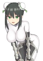 Rule 34 | 1girl, arm guards, black gloves, black hair, blush, bodysuit, breasts, bun cover, chinese clothes, double bun, elbow gloves, elfenlied22, fate/grand order, fate (series), fingerless gloves, gloves, green eyes, green ribbon, hair bun, highres, large breasts, leaning forward, looking at viewer, open mouth, qin liangyu (fate), ribbon, sidelocks, simple background, smile, white background, white bodysuit