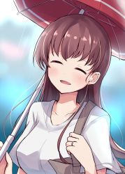 Rule 34 | 1girl, bag, blouse, blurry, blurry background, brown hair, collarbone, closed eyes, highres, jewelry, kantai collection, long hair, looking at viewer, ooi (kancolle), red umbrella, ring, shirt, smile, solo, soramuko, umbrella, upper body, wedding band, white shirt