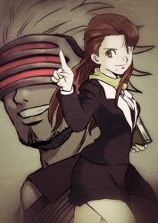 Rule 34 | 1boy, 1girl, ace attorney, asymmetrical bangs, beard, black jacket, black shirt, black skirt, blazer, book, breasts, brown background, brown eyes, brown hair, cleavage, closed mouth, commentary, cowboy shot, facial hair, gashikun, godot (ace attorney), grin, highres, holding, holding book, index finger raised, jacket, light smile, looking at viewer, mask, medium breasts, mia fey, miniskirt, mole, mole under mouth, parted lips, pencil skirt, phoenix wright: ace attorney, scarf, sepia, shirt, skirt, smile, standing, v-shaped eyebrows, white hair, yellow scarf