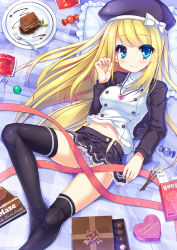 Rule 34 | 1girl, beret, black thighhighs, blonde hair, blue eyes, box, box of chocolates, breasts, buttons, cake, cake slice, candy, chocolate, chocolate bar, ears visible through hair, english text, engrish text, food, fork, happy valentine, hat, heart, heart necklace, highres, jewelry, legs, long sleeves, looking at viewer, lying, medium breasts, meiji (brand), necklace, ochinsama, open clothes, open skirt, panties, pendant, plaid, plaid panties, plate, pocky, ranguage, red ribbon, ribbon, skirt, smile, sweets, thighhighs, underwear, white panties