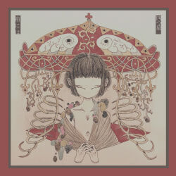 Rule 34 | 1girl, absurdres, album cover, androgynous, black hair, border, closed eyes, cover, disembodied hand, flat chest, highres, horns, no mouth, off shoulder, official art, open clothes, open robe, original, own hands together, plant roots, red border, robe, shi (yotsuhaka), short hair, single bare shoulder, slug, straight-on, upper body