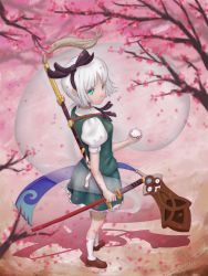 Rule 34 | 1girl, blurry, breasts, brown footwear, cherry blossoms, collared shirt, creatures (company), depth of field, frilled skirt, frills, game freak, gen 6 pokemon, green skirt, green vest, hairband, highres, holding, holding sword, holding weapon, honedge, king472296083, konpaku youmu, konpaku youmu (ghost), light smile, looking to the side, looking up, multiple swords, nintendo, perspective, petals, poke ball, pokemon, pokemon (creature), puffy short sleeves, puffy sleeves, ribbon, shadow, sheath, sheathed, shirt, shoes, short hair, short sleeves, skirt, small breasts, socks, sword, touhou, vest, weapon, white hair, wind