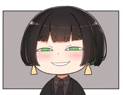 Rule 34 | 1girl, allmind (armored core 6), anya&#039;s heh face (meme), armored core, armored core 6, black hair, black jacket, black necktie, blush, chibi, collared shirt, earrings, green eyes, green hair, grey background, grey shirt, half-closed eyes, i.u.y, jacket, jewelry, looking at viewer, meme, multicolored hair, necktie, personification, shirt, short hair, smile, solo, two-tone background, two-tone hair, white background