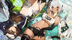 Rule 34 | 2girls, absurdres, ahoge, alabama (azur lane), arm behind head, arm up, azur lane, baltimore (azur lane), bandeau, bikini, bikini under clothes, black gloves, black hair, black leotard, bodypaint, braid, breasts, center opening, choker, cleavage, clothes writing, coat, collared shirt, dark-skinned female, dark skin, detached collar, elbow gloves, facepaint, from above, gloves, highleg, highleg panties, highres, jacket, jacket on shoulders, large breasts, leotard, lirica, logo, long hair, looking at viewer, lying, multiple girls, native american, navel, official art, on back, open clothes, open coat, outdoors, panties, parted lips, partially submerged, pelvic curtain, pleated skirt, purple coat, red eyes, shirt, short hair, short shorts, shorts, sidelocks, silver hair, skirt, smile, stomach, strapless, swimsuit, thighhighs, thong, tube top, twintails, underwear, watermark, white gloves, yellow eyes