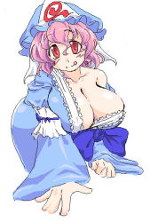Rule 34 | 1girl, :d, advancing, bare shoulders, breasts, cleavage, dress, female focus, full body, hat, huge breasts, japanese clothes, kimono, looking at viewer, lute (apocalypselibrary), oekaki, open mouth, pink hair, red eyes, saigyouji yuyuko, simple background, smile, solo, touhou, white background