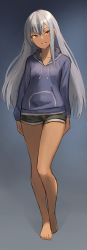 Rule 34 | 1girl, barefoot, breasts, commentary, english commentary, full body, highres, hood, hoodie, legs, long hair, long sleeves, looking at viewer, medium breasts, mirlo2hu, orange eyes, original, short shorts, shorts, smile, solo, standing, white hair