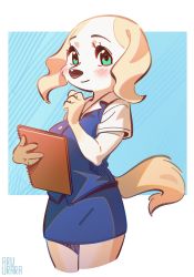 Rule 34 | 1girl, aggressive retsuko, animal ears, animal nose, artist name, binder, blue background, blue skirt, blue vest, body fur, border, breasts, brown fur, closed mouth, collared shirt, cowboy shot, cropped legs, dog ears, dog girl, dog tail, female focus, furry, furry female, green eyes, hands up, happy, highres, holding, inui (aggretsuko), inuki (aruurara), looking at viewer, medium breasts, miniskirt, office lady, outside border, pencil skirt, shirt, short sleeves, sideways mouth, signature, simple background, skirt, smile, snout, solo, standing, tail, thighs, two-tone fur, vest, white border, white fur, white shirt