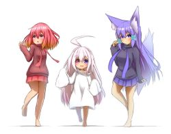 Rule 34 | 3girls, :d, :o, absurdres, ahoge, akaneko (idaten93), animal ears, barefoot, black hoodie, blue skirt, brown hair, brown hoodie, closed mouth, commentary request, drawstring, fox ears, fox girl, fox tail, gradient hair, hair between eyes, hair ornament, heterochromia, highres, hood, hood down, hoodie, idaten93, long sleeves, looking at viewer, looking away, looking to the side, multicolored hair, multiple girls, open mouth, original, oversized clothes, oversized shirt, pleated skirt, purple eyes, purple hair, red eyes, red hair, red skirt, ruua (idaten93), shirt, silver hair, skirt, sleeves past fingers, sleeves past wrists, smile, standing, standing on one leg, tail, till (idaten93), white background, white shirt, x hair ornament