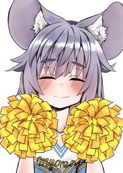 Rule 34 | 1girl, absurdres, animal ear fluff, animal ears, blush, breasts, cheerleader, closed eyes, closed mouth, commentary request, ginger ale (syouga 6383), grey hair, highres, mouse ears, mouse girl, nazrin, pom pom (cheerleading), portrait, short hair, simple background, small breasts, smile, solo, split mouth, touhou, white background