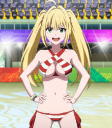 Rule 34 | bikini, blonde hair, breasts, cleavage, fate/grand order, fate (series), green eyes, highres, large breasts, navel, nero claudius (fate), nero claudius (fate/extra), nero claudius (swimsuit caster) (fate), open mouth, smile, stitched, swimsuit, third-party edit, twintails