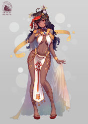 Rule 34 | 1girl, ahoge, animal ear fluff, animal ears, black hair, breasts, cape, cat ears, catxuan, collar, curvy, dark-skinned female, dark skin, egyptian, egyptian clothes, facial mark, full body, gold, gold trim, highres, jewelry, loincloth, long hair, long skirt, looking at viewer, medium breasts, necklace, original, pelvic curtain, red eyes, see-through, skirt, slippers, solo, standing, veil, very long hair, wide hips