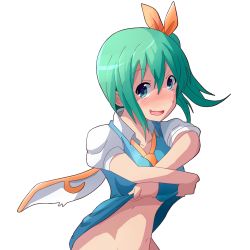 Rule 34 | 1girl, ascot, blue dress, blush, breasts, clothes lift, daiyousei, dress, dress lift, fairy wings, female focus, green eyes, green hair, hair ribbon, highres, kuromu (underporno), looking at viewer, matching hair/eyes, no bra, no panties, puffy sleeves, ribbon, shirt, short sleeves, side ponytail, solo, touhou, underboob, undressing, wavy mouth, wings