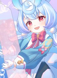 Rule 34 | 1girl, :d, blue hair, bow, bowtie, commentary request, genshin impact, gloves, highres, holding, long hair, long sleeves, looking at viewer, open mouth, pink bow, pink bowtie, pink eyes, sigewinne (genshin impact), smile, solo, upper body, watatai, white gloves