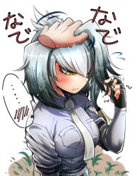 Rule 34 | ..., 10s, 1girl, 1other, arm at side, black gloves, black hair, blonde hair, blush, breast pocket, closed mouth, collared shirt, commentary request, disembodied limb, embarrassed, fingerless gloves, flying sweatdrops, gloves, gradient hair, grey neckwear, grey shirt, hair intakes, hand on another&#039;s head, hand up, headpat, kemono friends, layered sleeves, long hair, long sleeves, looking down, low ponytail, multicolored hair, necktie, neshia (tsaqif0309), pocket, ringed eyes, ruffling hair, shirt, shoebill (kemono friends), short over long sleeves, short sleeves, side ponytail, silver hair, solo focus, sound effects, thought bubble, upper body, wing collar, yellow eyes