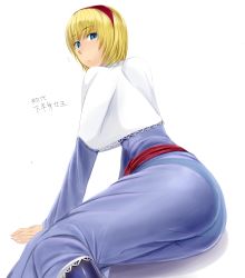 Rule 34 | 1girl, absurdres, alice margatroid, ass, blue dress, capelet, commentary request, daa (blame2212), dress, eyebrows, hairband, highres, long sleeves, looking at viewer, panties, see-through, short hair, solo, thighs, touhou, translation request, underwear