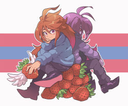 Rule 34 | 2girls, ahoge, badeline, black footwear, blue coat, blush, blush stickers, boots, brown hair, celeste (video game), closed mouth, coat, colored sclera, colored skin, facing away, food, fruit, gomipomi, head rest, long hair, looking at viewer, madeline (celeste), multiple girls, oversized object, purple coat, purple eyes, purple hair, purple skin, purple skirt, red sclera, sitting, skirt, smile, strawberry, very long hair, wings