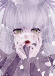Rule 34 | 1girl, barasuishou, blunt bangs, broken glass, close-up, crying, crying with eyes open, crystal, dress, glass, green eyes, hair ornament, hands up, kiru (m putorius), long sleeves, looking at viewer, no eyepatch, parted lips, purple dress, purple hair, red lips, rozen maiden, solo, tears