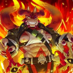 Rule 34 | 1boy, between pectorals, cthugha (housamo), furry, furry male, highres, horns, jacketbear, large pectorals, looking at viewer, male focus, muscular, muscular male, nipples, octopus boy, pectorals, red eyes, smile, sword, tentacle hair, tokyo houkago summoners, weapon