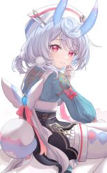 Rule 34 | 1girl, absurdres, animal ears, blush, closed mouth, commentary request, genshin impact, gloves, grey hair, hair ornament, hat, highres, looking at viewer, medium hair, nupenupewo, nurse cap, pantyhose, red eyes, ribbon, shoes, sigewinne (genshin impact), simple background, smile, solo, tail, white background