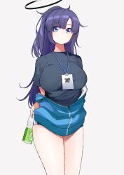 Rule 34 | 1girl, arm behind back, bare legs, black buruma, black shirt, blue archive, blue eyes, blue jacket, bottle, breasts, buruma, closed mouth, commentary request, facial tattoo, grey background, gym shirt, gym uniform, halo, highres, holding, holding bottle, jacket, large breasts, miya ur, parted bangs, purple hair, shirt, simple background, solo, standing, star tattoo, tattoo, thighs, yuuka (blue archive), yuuka (track) (blue archive)