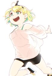 Rule 34 | 1girl, :d, alec8ter, amano pikamee, backlighting, black footwear, black hairband, black shorts, blonde hair, bright pupils, collarbone, colored inner hair, commentary, dated, english commentary, green eyes, green hair, green nails, hairband, highres, multicolored hair, naruto run, open mouth, running, sharp teeth, shirt, short hair, shorts, signature, simple background, smile, solo, teeth, two-tone hair, upper teeth only, virtual youtuber, voms, white background, white pupils, white shirt, wide sleeves