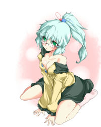 Rule 34 | 1girl, alternate hairstyle, aqua hair, arm support, bad id, bad pixiv id, bare shoulders, bespectacled, between thighs, blush, breasts, cleavage, female focus, from above, glasses, green eyes, green hair, komeiji koishi, looking up, matching hair/eyes, medium breasts, off shoulder, ponytail, revision, short hair, silver hair, sitting, socks, solo, thighs, touhou, v arms, wariza, yamane akira