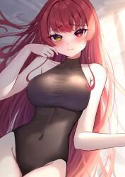 Rule 34 | 1girl, absurdres, black leotard, blush, breasts, covered navel, heterochromia, highres, hololive, houshou marine, large breasts, leotard, long hair, looking at viewer, lying, on back, red eyes, red hair, scarf (50464982), solo, virtual youtuber, yellow eyes