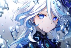 Rule 34 | 1girl, ascot, blue ascot, blue brooch, blue hair, blue hat, blue jacket, bubble, closed mouth, crying, crying with eyes open, furina (genshin impact), genshin impact, gradient background, hair between eyes, hat, heterochromia, highres, jacket, karen (navy 42), light blue hair, light particles, long hair, looking at viewer, multicolored hair, portrait, sidelocks, simple background, solo, streaked hair, teardrop, tears, top hat, two-tone hair