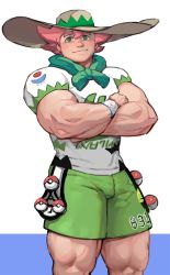 Rule 34 | 1boy, abs, absurdres, bara, body hair, bulge, creatures (company), dopey (dopq), game freak, gym leader, hat, highres, large pectorals, looking at viewer, male focus, manly, milo (pokemon), muscular, nintendo, pectorals, pink hair, poke ball, poke ball (basic), pokemon, pokemon swsh, simple background, solo, standing, thick thighs, thighs, topless male