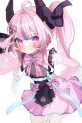 Rule 34 | 1girl, absurdres, ahoge, blush, bow, cowboy shot, demon horns, dress, garter straps, hair bow, hair ornament, hand on own hip, highres, horns, indie virtual youtuber, long hair, looking at viewer, multicolored hair, pink bow, pink eyes, pink hair, pink skirt, purple eyes, purple hair, salute, see-through, see-through sleeves, simple background, skirt, solo, streaked hair, tamafurin, thighhighs, twintails, virtual youtuber, white background
