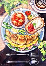 Rule 34 | artist name, asparagus, cappuccino, coffee, croissant, cup, dated, food, food focus, food request, fork, leaf, no humans, original, plant, plate, sandwich, shadow, shunkashuntou, soup, spoon, still life, tomato