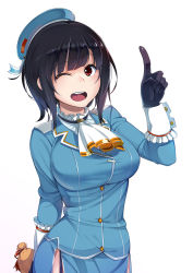 Rule 34 | 10s, 1girl, ;o, arm behind back, black gloves, black hair, breasts, donarudo, garter straps, gloves, hat, highres, kantai collection, large breasts, one eye closed, open mouth, pointing, pointing up, pouch, red eyes, short hair, solo, takao (kancolle), uniform, white background