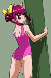 Rule 34 | 10s, 1girl, ass, bow, green background, hair bow, hoshizora miyuki, looking at viewer, looking back, one-piece swimsuit, pink eyes, pink hair, pink one-piece swimsuit, precure, rohitsuka, short hair, smile precure!, solo, swimsuit