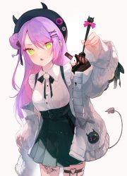 Rule 34 | 1girl, absurdres, black hat, black skirt, blush, braid, breasts, cake, cake slice, cardigan, collared shirt, demon tail, ear piercing, fake horns, food, fork, green eyes, grey cardigan, hair bun, hair ornament, hairclip, happyongdal, hat, high-waist skirt, highres, holding, holding fork, hololive, horned headwear, horns, leg tattoo, long sleeves, looking at viewer, medium breasts, multicolored hair, o-ring, o-ring thigh strap, off shoulder, open cardigan, open clothes, open mouth, piercing, pink hair, pleated skirt, purple hair, shirt, simple background, single side bun, skirt, solo, tail, tail ornament, tail piercing, tattoo, thigh strap, tokoyami towa, two-tone hair, virtual youtuber, white background, white shirt, x hair ornament