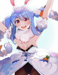 Rule 34 | 1girl, animal ear fluff, animal ears, arm up, armpits, black leotard, blue hair, bow, braid, breasts, brown pantyhose, carrot, carrot hair ornament, covered navel, detached sleeves, don-chan (usada pekora), dress, food-themed hair ornament, full body, fur-trimmed dress, fur scarf, fur trim, hair between eyes, hair bow, hair ornament, highres, hololive, leotard, long hair, looking at viewer, multicolored hair, open mouth, orange eyes, orangexdrop, outstretched arm, pantyhose, pocket, pom pom (clothes), puffy short sleeves, puffy sleeves, rabbit-shaped pupils, rabbit ears, rabbit girl, shiny clothes, short dress, short eyebrows, short sleeves, simple background, sleeveless, sleeveless dress, solo, symbol-shaped pupils, teeth, thick eyebrows, twin braids, two-tone hair, upper teeth only, usada pekora, usada pekora (1st costume), virtual youtuber, white background, white bow, white dress, white hair