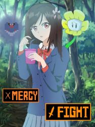 Rule 34 | 1girl, bow, bowtie, brown hair, bush, crossover, cup, drinking straw, english text, flower, flowey (undertale), hair flower, hair ornament, hitori bocchi, hitoribocchi no marumaru seikatsu, infinity power, jacket, long hair, looking at viewer, open mouth, outdoors, red eyes, school uniform, self-upload, skirt, tongue, tree, undertale