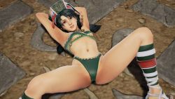 Rule 34 | 1girl, 3d, armpits, arms behind head, bikini, black hair, breasts, cleavage, green bikini, highres, legs, looking at viewer, low twintails, lying, navel, on back, seductive smile, small breasts, smile, soul calibur, soulcalibur, soulcalibur vi, spread legs, swimsuit, talim, thighs, twintails