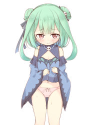 Rule 34 | 1girl, blush, bow, bow panties, clothes lift, detached collar, dress, dress lift, green hair, hololive, kamakani (kanikama8192), lifted by self, looking at viewer, panties, red eyes, simple background, solo, tears, underwear, uruha rushia, virtual youtuber, white background