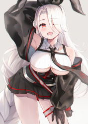 Rule 34 | 1girl, anchor symbol, animal ears, armpits, azur lane, bare shoulders, black necktie, black skirt, breasts, collared shirt, crop top, detached sleeves, eric (tianqijiang), eyes visible through hair, fake animal ears, grey background, hair between eyes, hair over one eye, hair ribbon, hand on thigh, highres, large breasts, long hair, long sleeves, looking at viewer, necktie, one eye closed, open mouth, parted bangs, pleated skirt, prinz heinrich (azur lane), rabbit ears, red eyes, ribbon, shirt, simple background, skirt, sleeveless, sleeveless shirt, solo, teeth, underboob, very long hair, white hair, white shirt