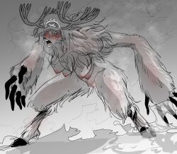 Rule 34 | 1girl, antlers, blush, body fur, breasts, extra breasts, female focus, fire, furry, furry female, genderswap, genderswap (mtf), hat, highres, hooves, horns, large breasts, legs apart, meow25meow, monochrome, nipples, nude, one piece, open mouth, pussy, smoke, solo, spot color, standing, sweat, tony tony chopper