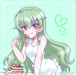 Rule 34 | 1girl, 2020, alternate costume, alternate hairstyle, anchovy (girls und panzer), blush, breasts, brown eyes, cleavage, closed mouth, collarbone, dress, fork, girls und panzer, green hair, hair between eyes, heart, holding, holding fork, kuromori yako, long hair, looking at viewer, medium breasts, plate, sleeveless, sleeveless dress, smile, solo, tongue, tongue out, wavy hair, white dress