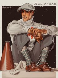 Rule 34 | 1boy, alternate costume, artist name, blue eyes, brown footwear, brown hair, clenched hand, commentary, dated, derivative work, english commentary, english text, fingernails, flat cap, full body, grey hat, grey pants, hat, highres, j. c. leyendecker (style), jojo no kimyou na bouken, joseph joestar, joseph joestar (young), knees up, leather, leather footwear, looking away, looking to the side, male focus, megaphone, multicolored clothes, multicolored legwear, own hands together, oxfords, pants, rendevok, ribbed sweater, shoes, short hair, sitting, smile, socks, solo, sweater, turtleneck, turtleneck sweater, white sweater