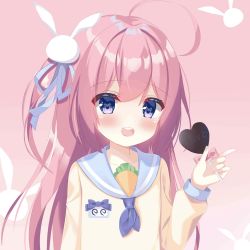 Rule 34 | 1girl, :o, ahoge, blush, character request, copyright request, dot nose, fengshen chino, hair ornament, hand up, highres, holding, pink background, pink hair, rabbit hair ornament, school uniform, serafuku, simple background, solo, tagme, uniform, virtual youtuber