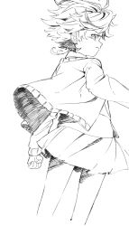 Rule 34 | 1girl, absurdres, ahoge, emma (yakusoku no neverland), from behind, greyscale, highres, jacket, long sleeves, looking back, miniskirt, monochrome, official art, short hair, sketch, skirt, solo, transparent background, yakusoku no neverland